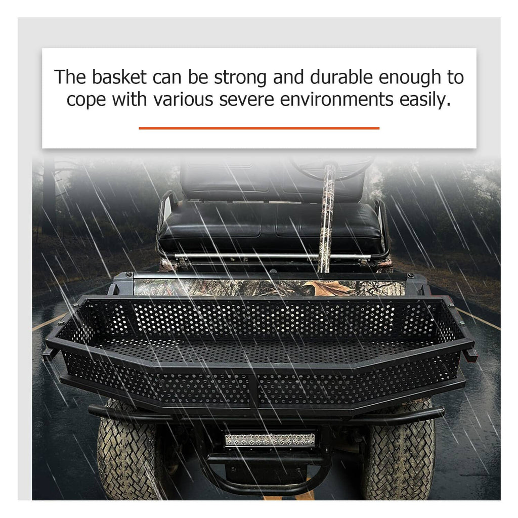 Black perforated steel cargo basket on front mount, open top for tool storage
