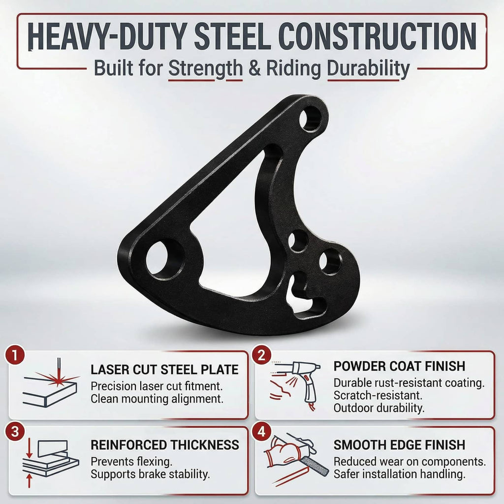Black steel hydraulic brake caliper mounting bracket with reinforced thickness