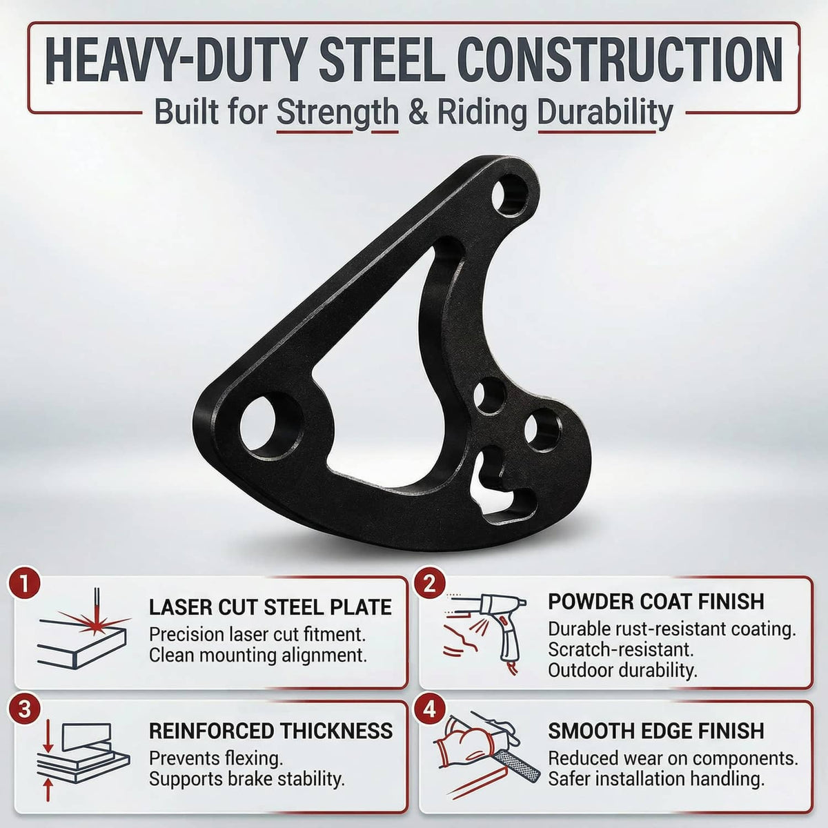 Black steel hydraulic brake caliper mounting bracket with reinforced thickness
