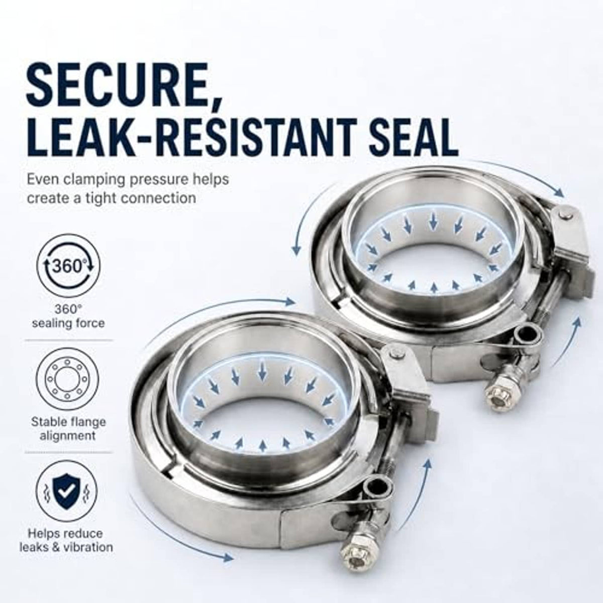 Stainless steel V-band clamp with secure seal design and bolted flange rings