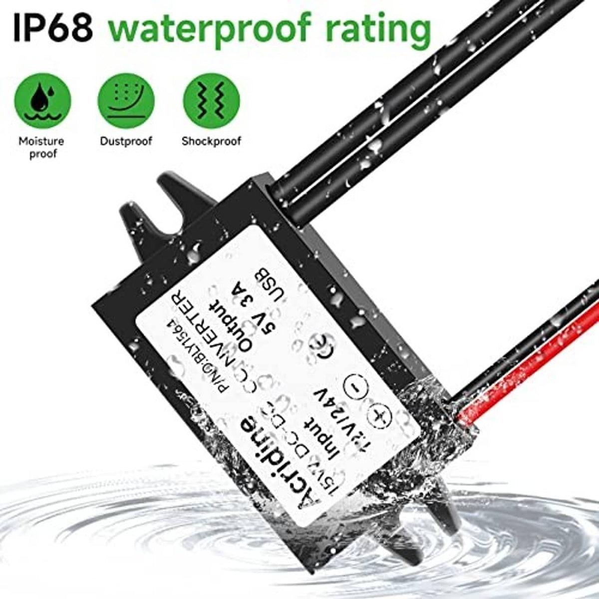 Waterproof-rated 12V/24V to 5V USB DC converter module with bracket and wires