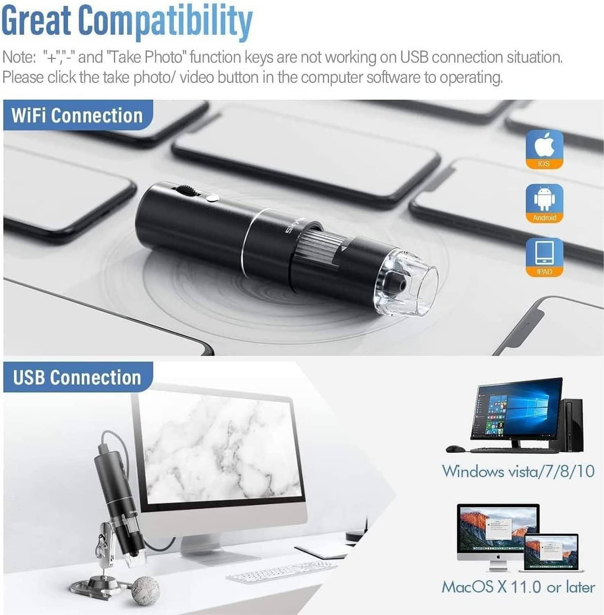 Skybasic wireless digital microscope on stand, black body with transparent lens tip