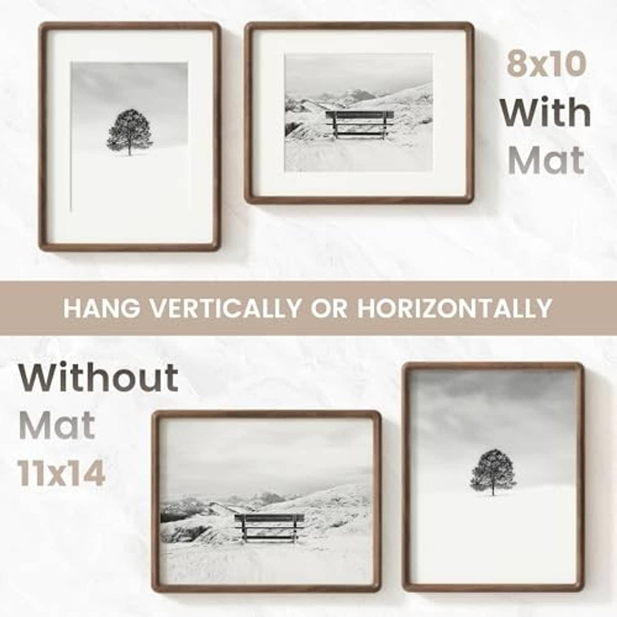 Walnut picture frame set showing 11x14 with optional mat insert for 8x10