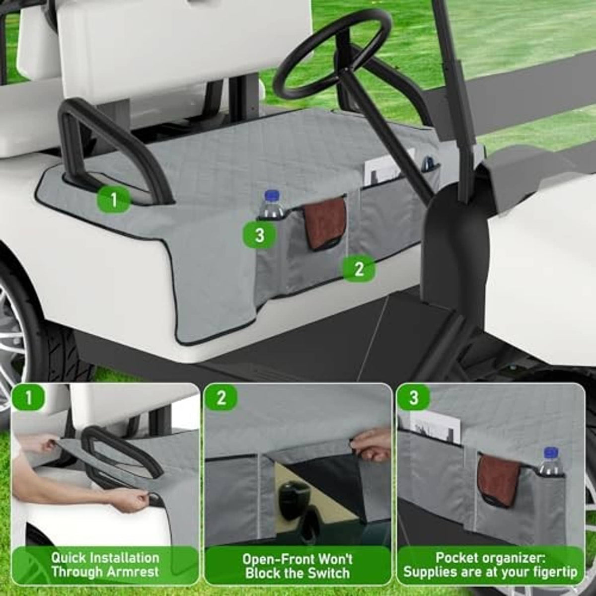 Grey seat cover blanket with pocket organizer and bottle holder on golf cart bench