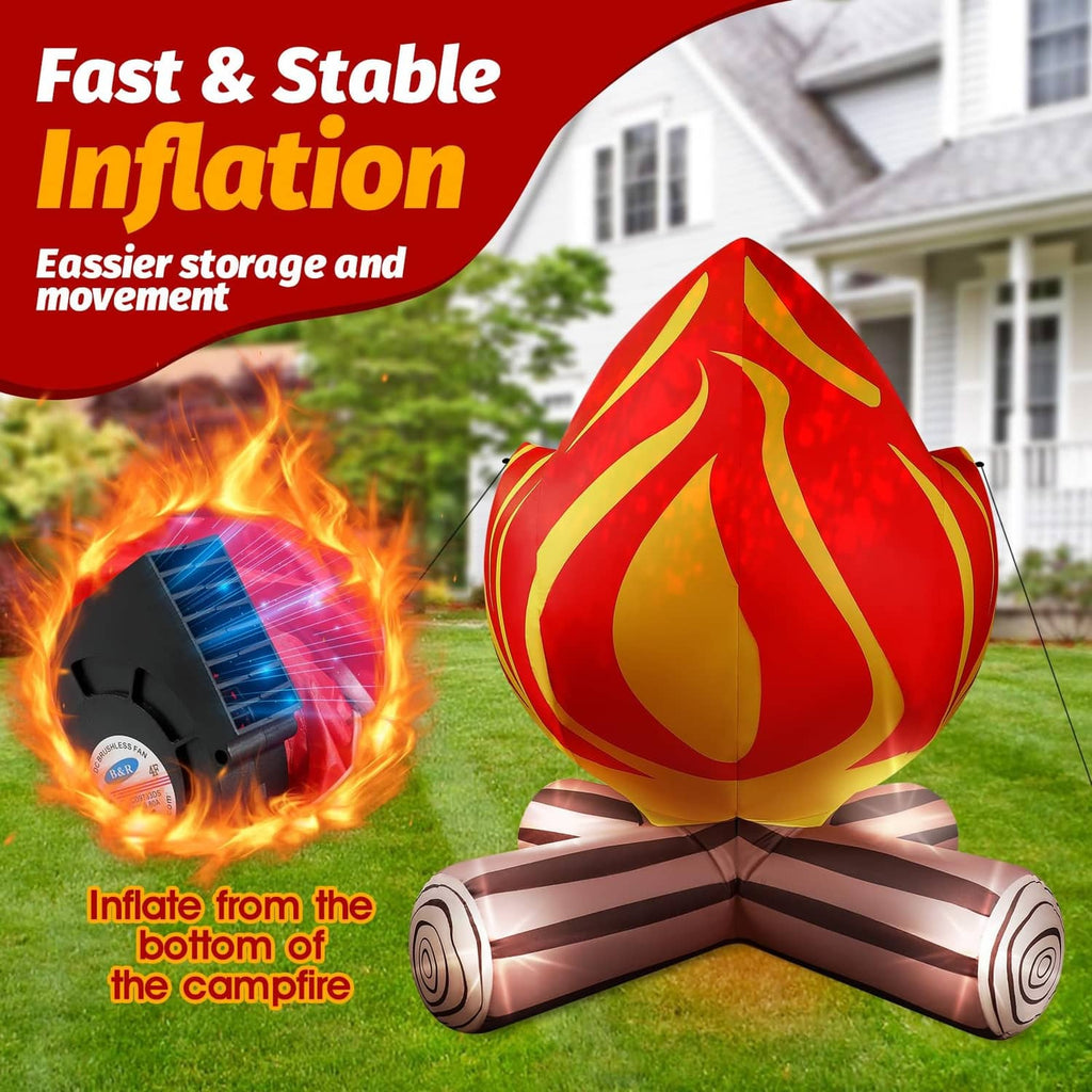 Inflatable campfire decoration with red-and-yellow flame and brown log base