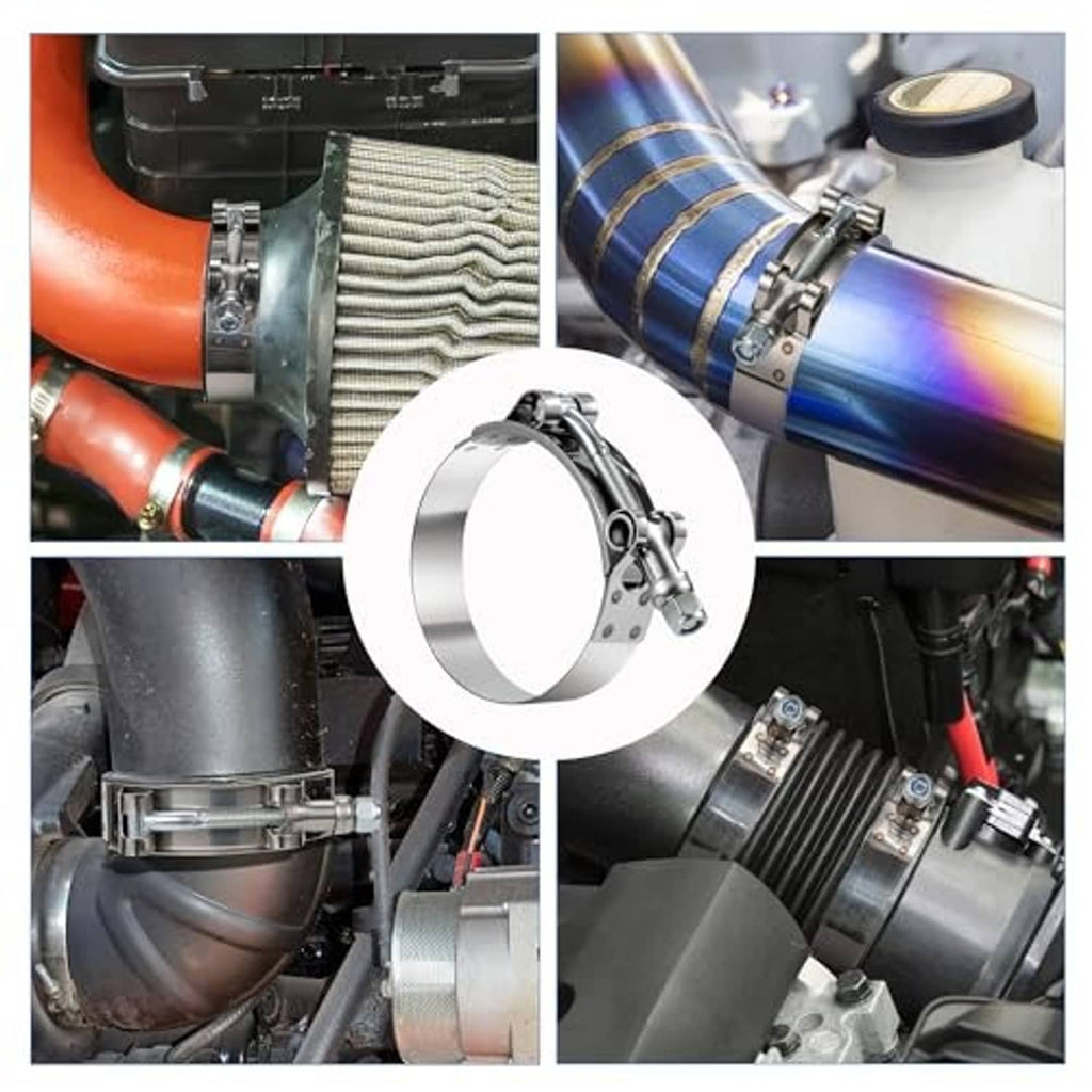 T-bolt hose clamps holding automotive hoses in place on a vehicle engine