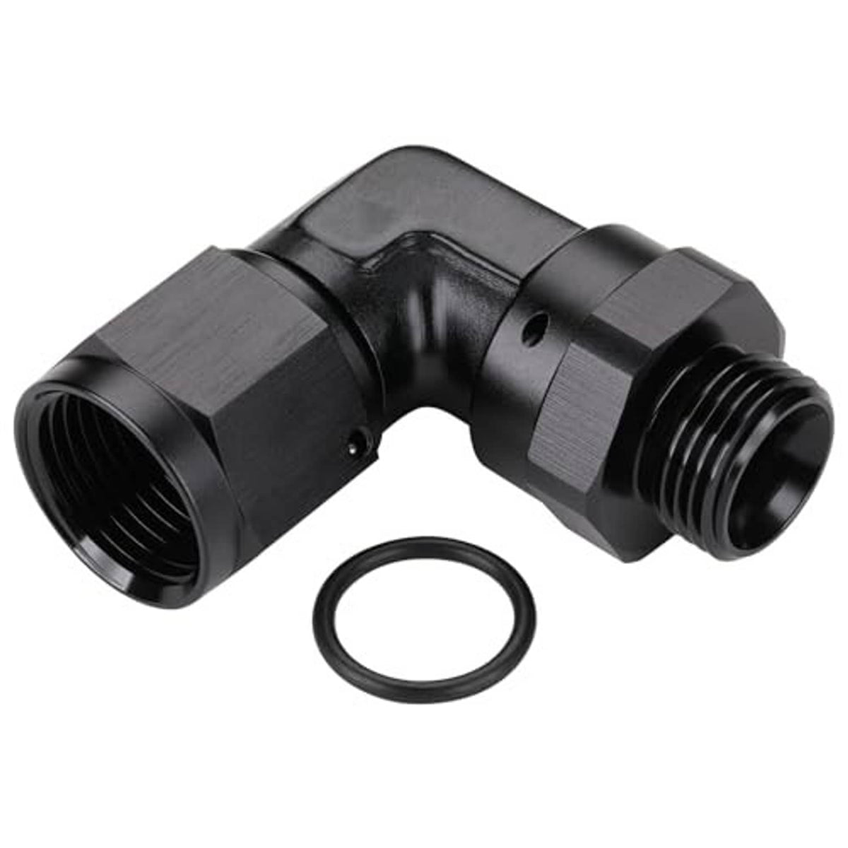 Black 90-degree elbow fitting with dual male threads and O-ring, three-quarter view