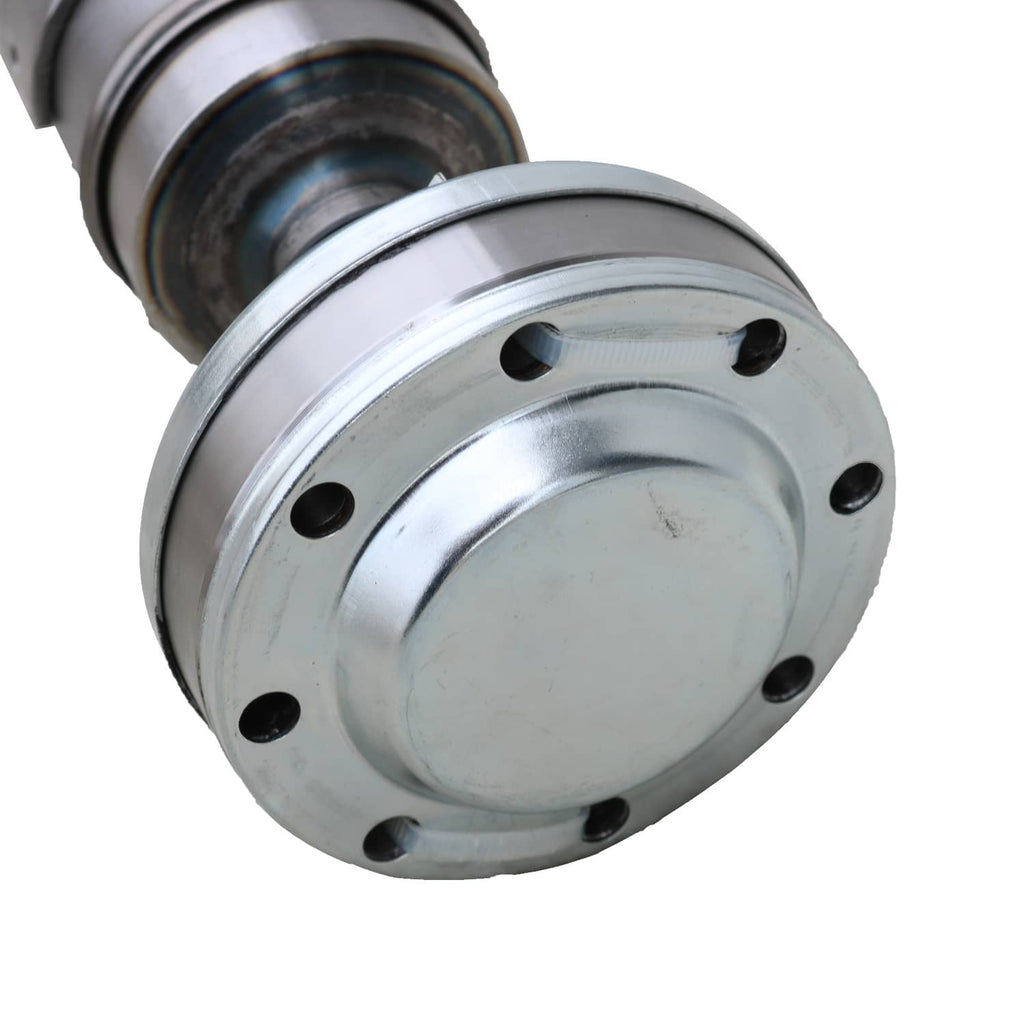 Front driveshaft circular flange end with bolt holes and metal hub, silver finish