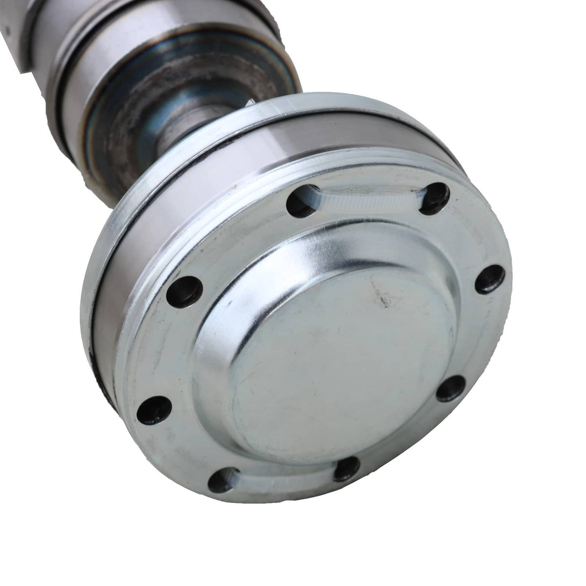 Front driveshaft circular flange end with bolt holes and metal hub, silver finish