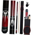 Red and black pool cue stick with hard case, tapered tip and decorative grip accents