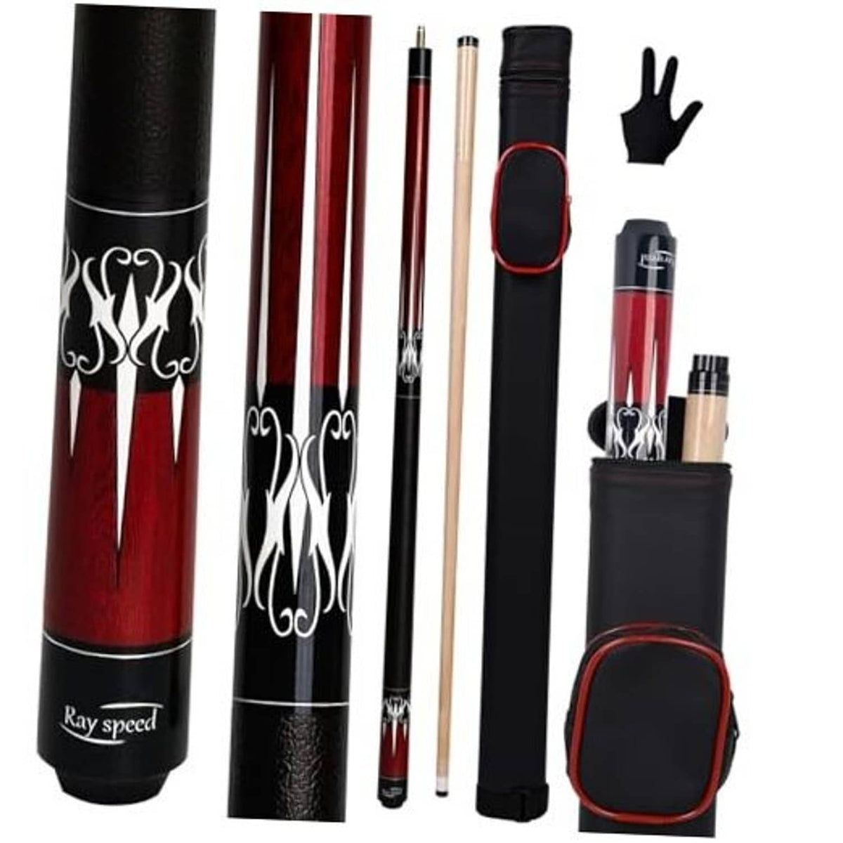 Red and black pool cue stick with hard case, tapered tip and decorative grip accents