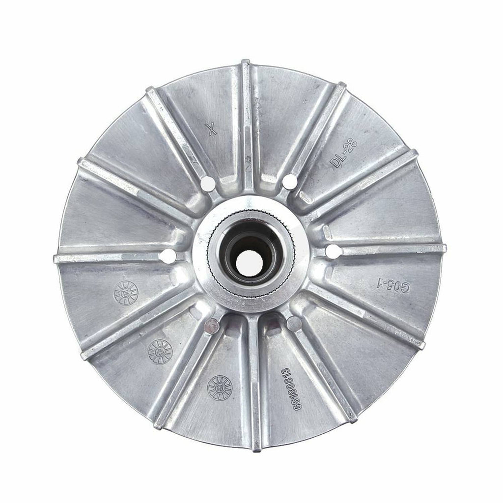Circular face of primary drive clutch with central hub bore and radial fins