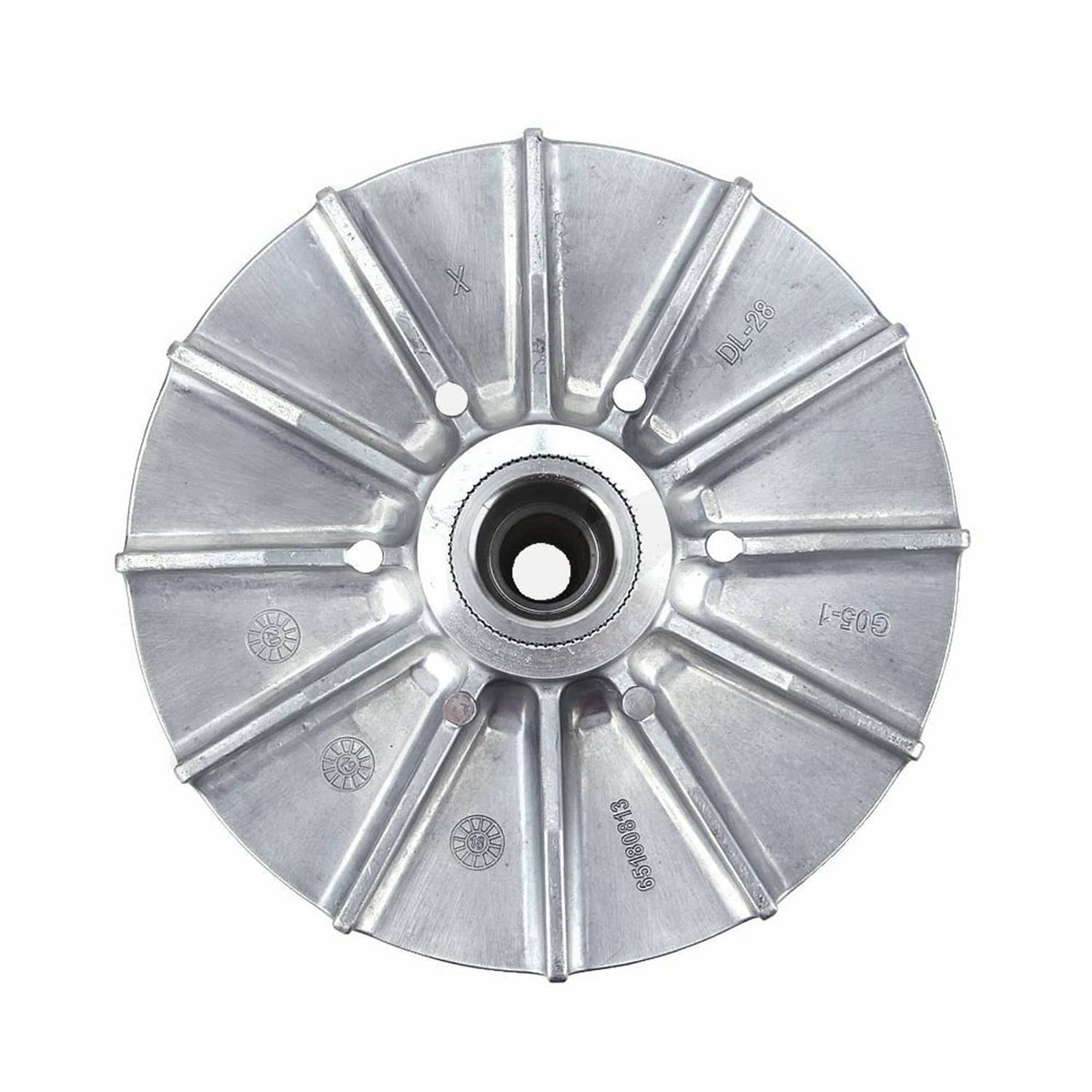 Circular face of primary drive clutch with central hub bore and radial fins