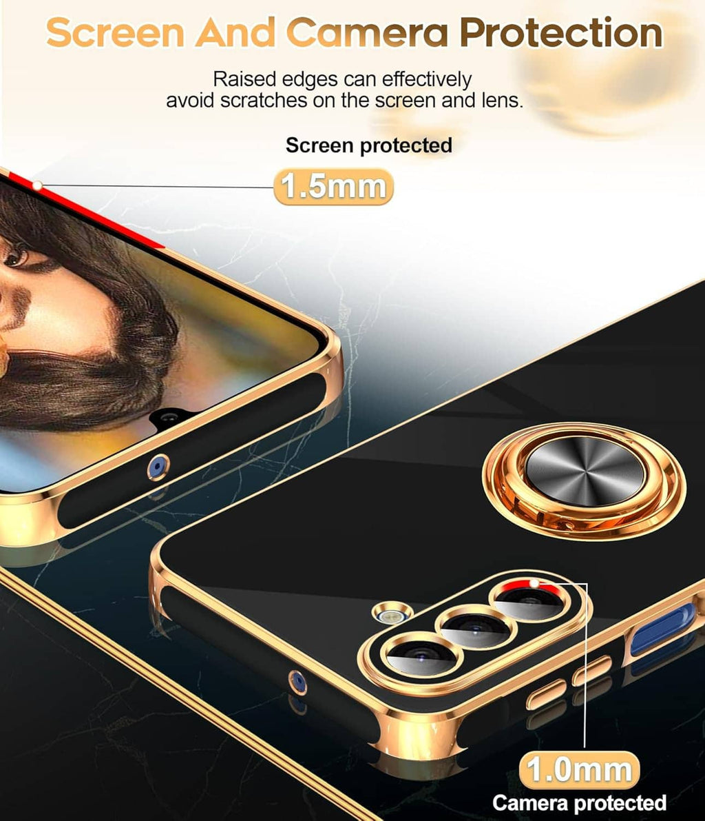 Gold-edged phone case with raised screen and camera guards for scratch protection