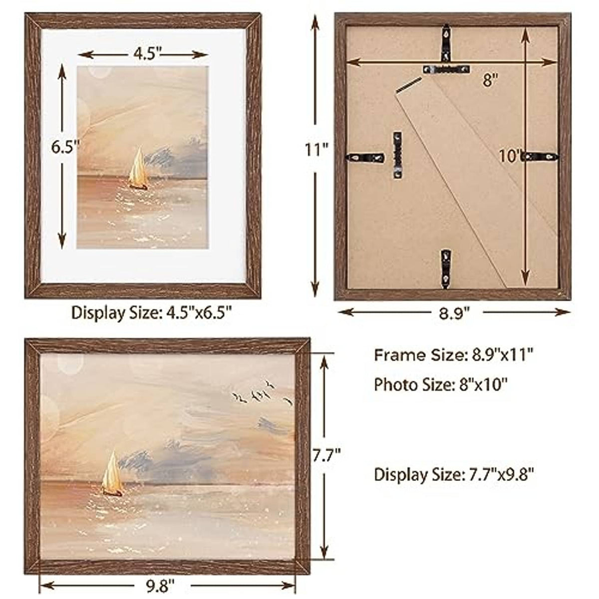 Walnut-brown solid oak 8x10 picture frame with hinged layout showing display size