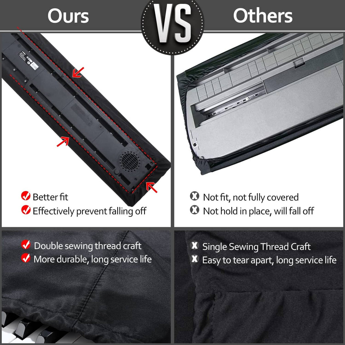 Black 61-key keyboard cover showing snug fit along the side seams and hem