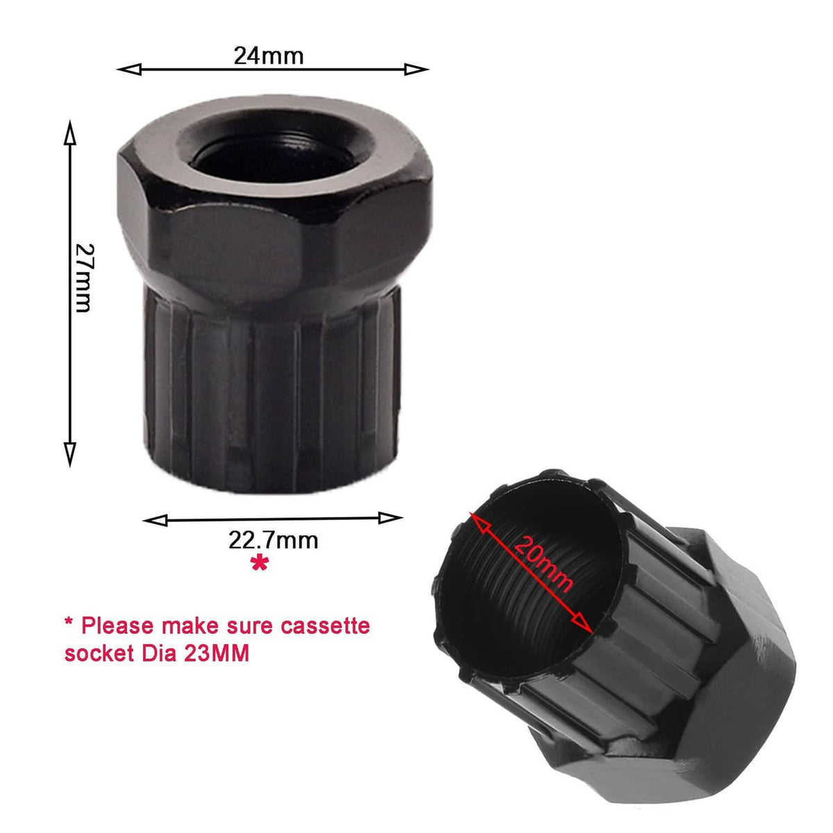 Cassette locking socket, black finish, 22.7mm and 20mm edge dimensions