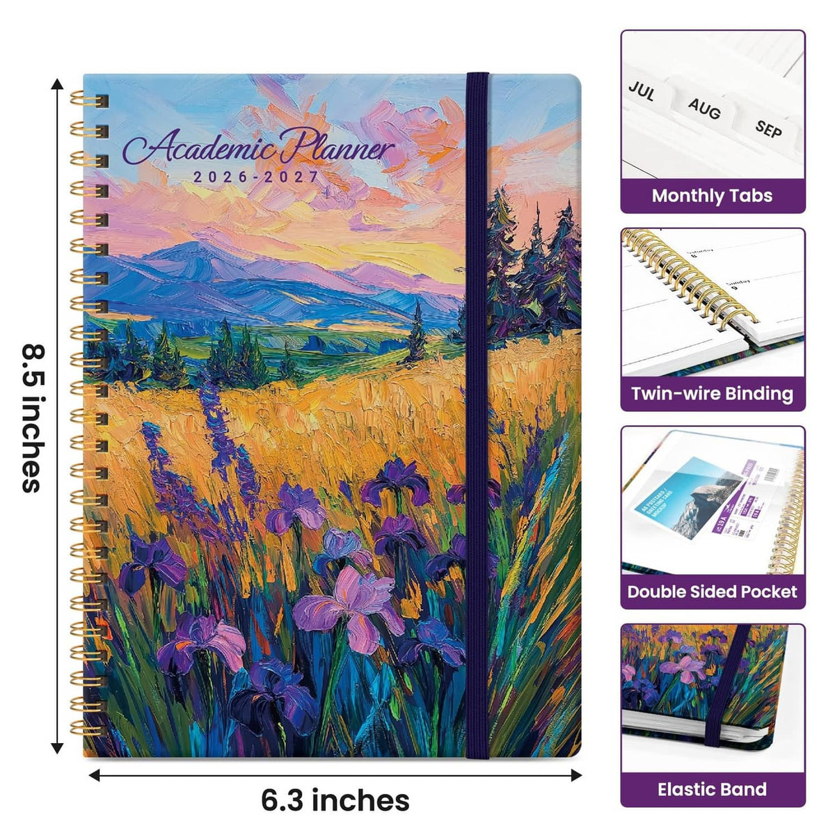 Academic planner 6.3x8.5 inches with spiral binding, landscape cover, and elastic band