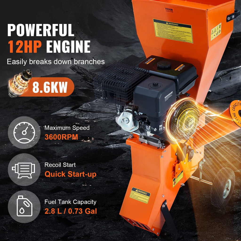Orange wood chipper shredder mulcher showing gas engine and discharge chute