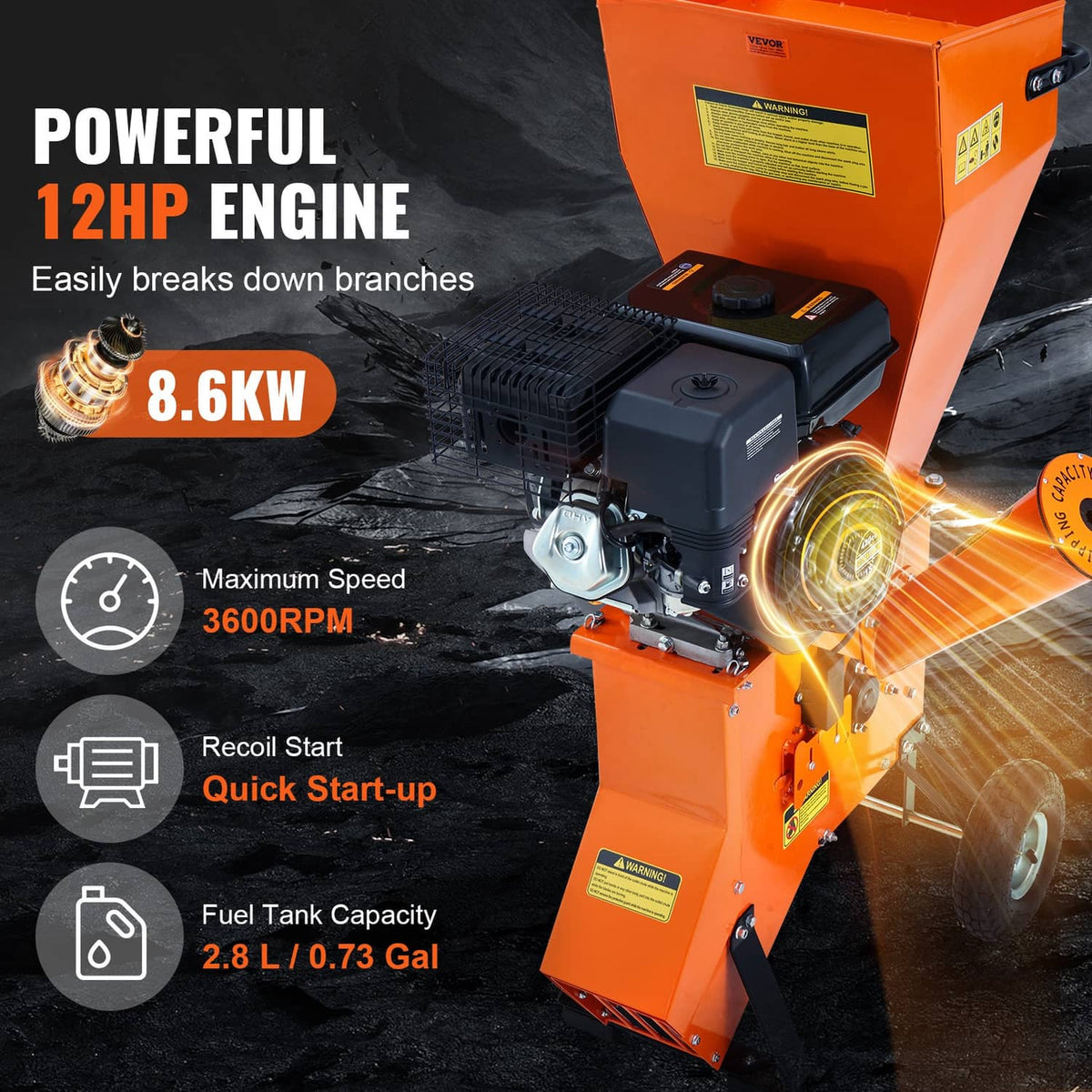 Orange wood chipper shredder mulcher showing gas engine and discharge chute