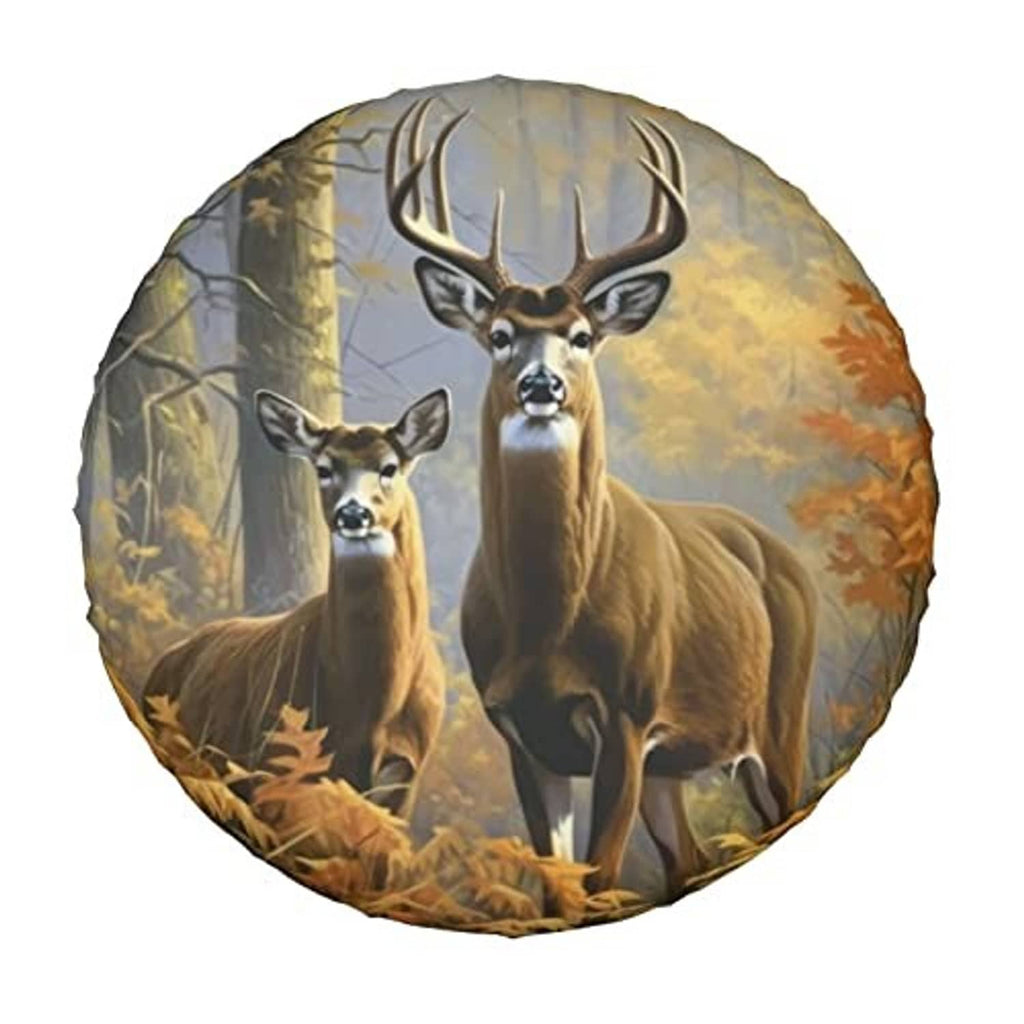 Round RV spare tire cover featuring two deer and autumn forest scene