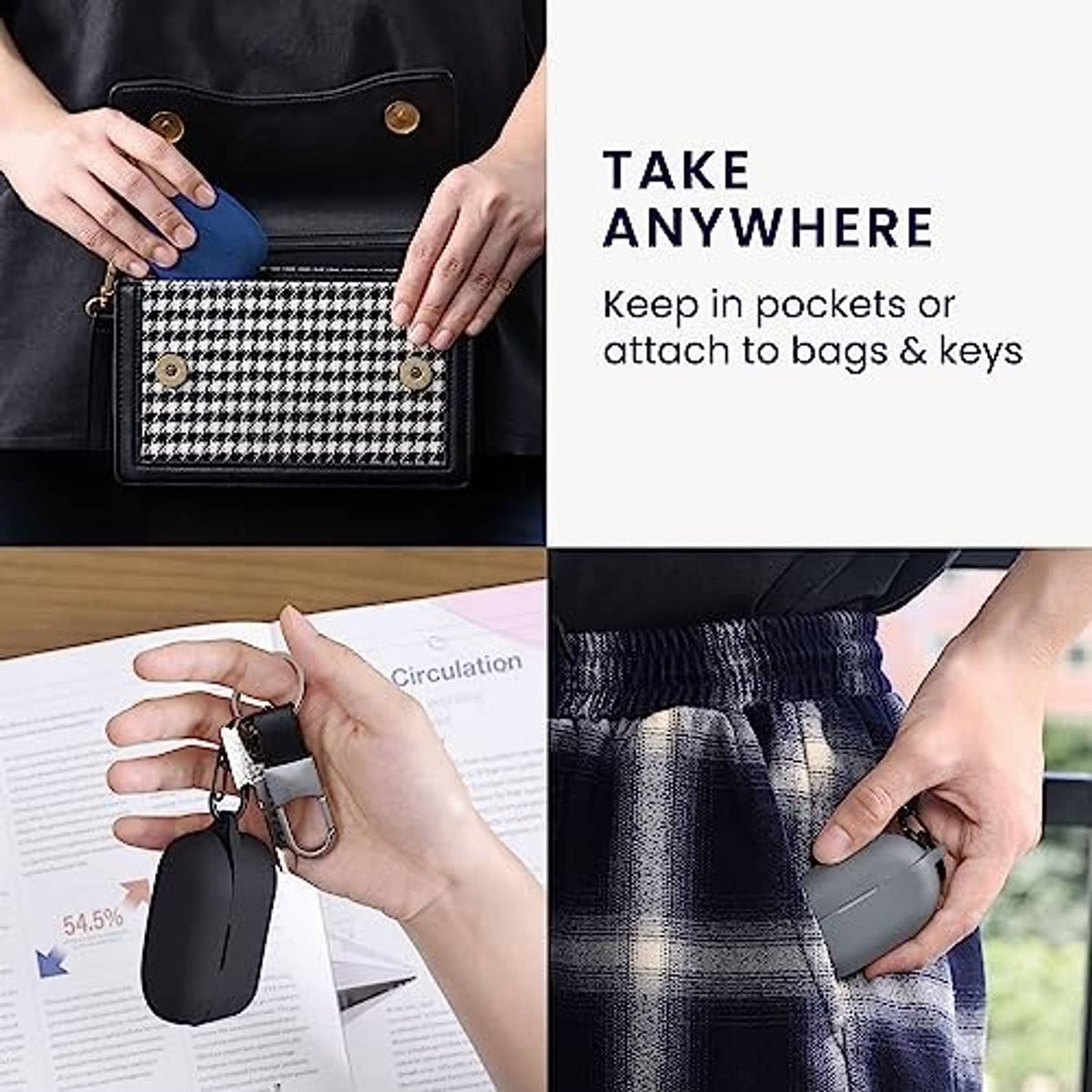 Dark blue silicone earbuds case cover with metal carabiner loop, held in hand