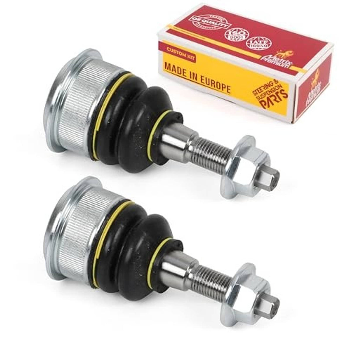 Front upper ball joint kit, pair with black boots and silver threaded studs
