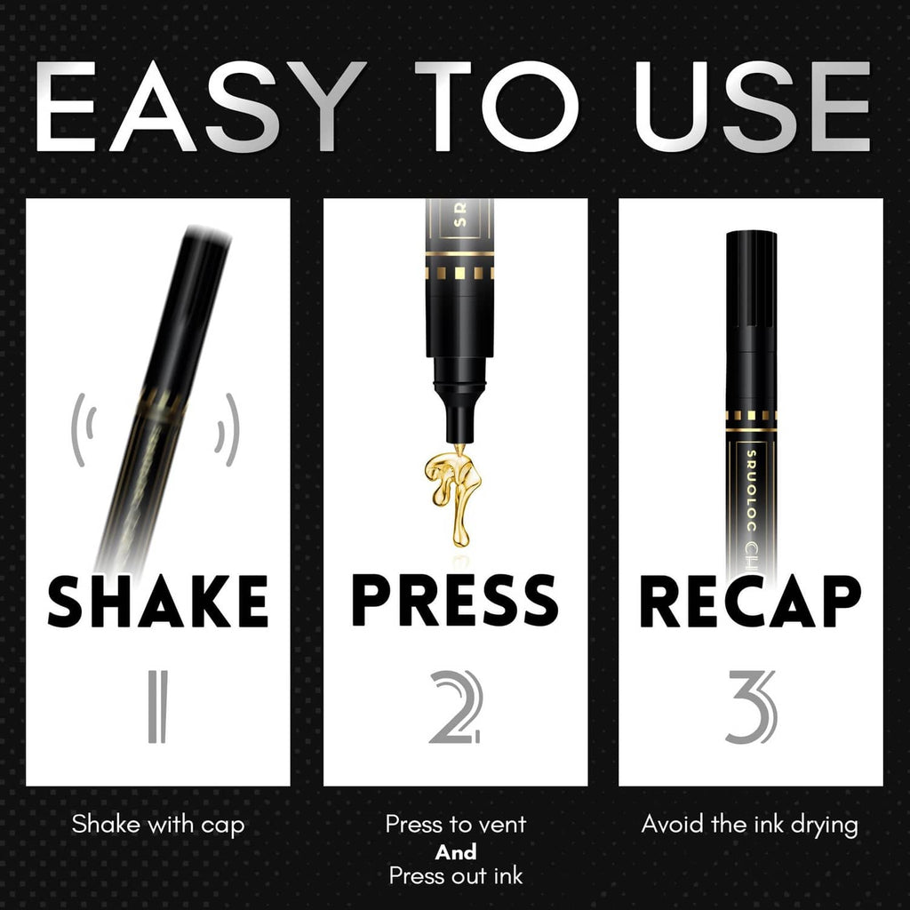 Chrome marker instructions: shake, press to vent, and recap to prevent drying