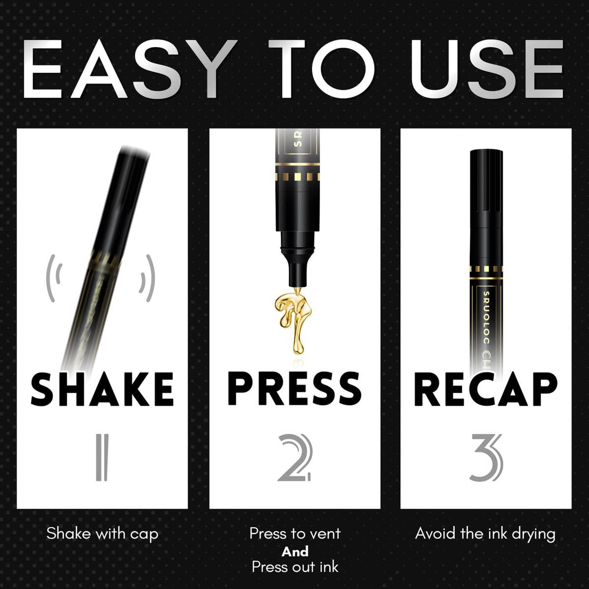 Chrome marker instructions: shake, press to vent, and recap to prevent drying