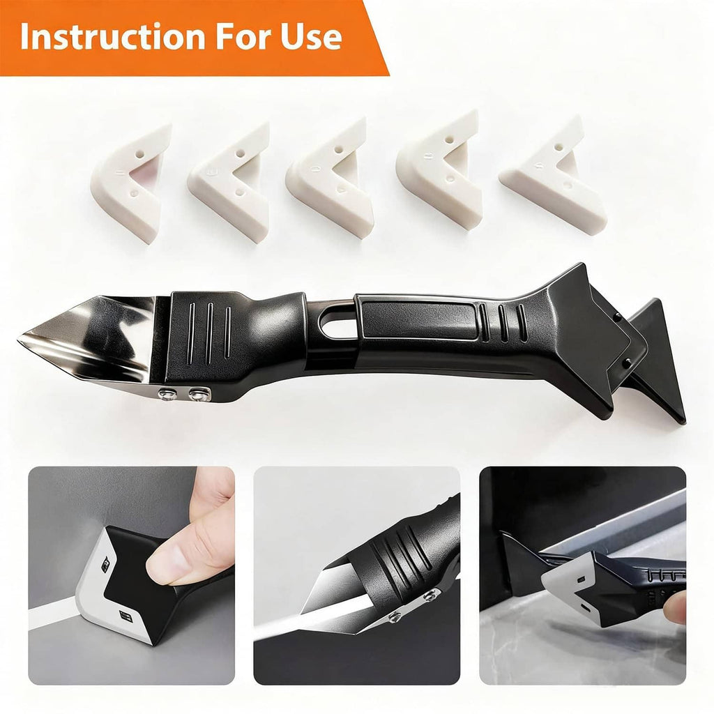 Caulking gun with black handle and angled metal spatula tips plus replacement inserts