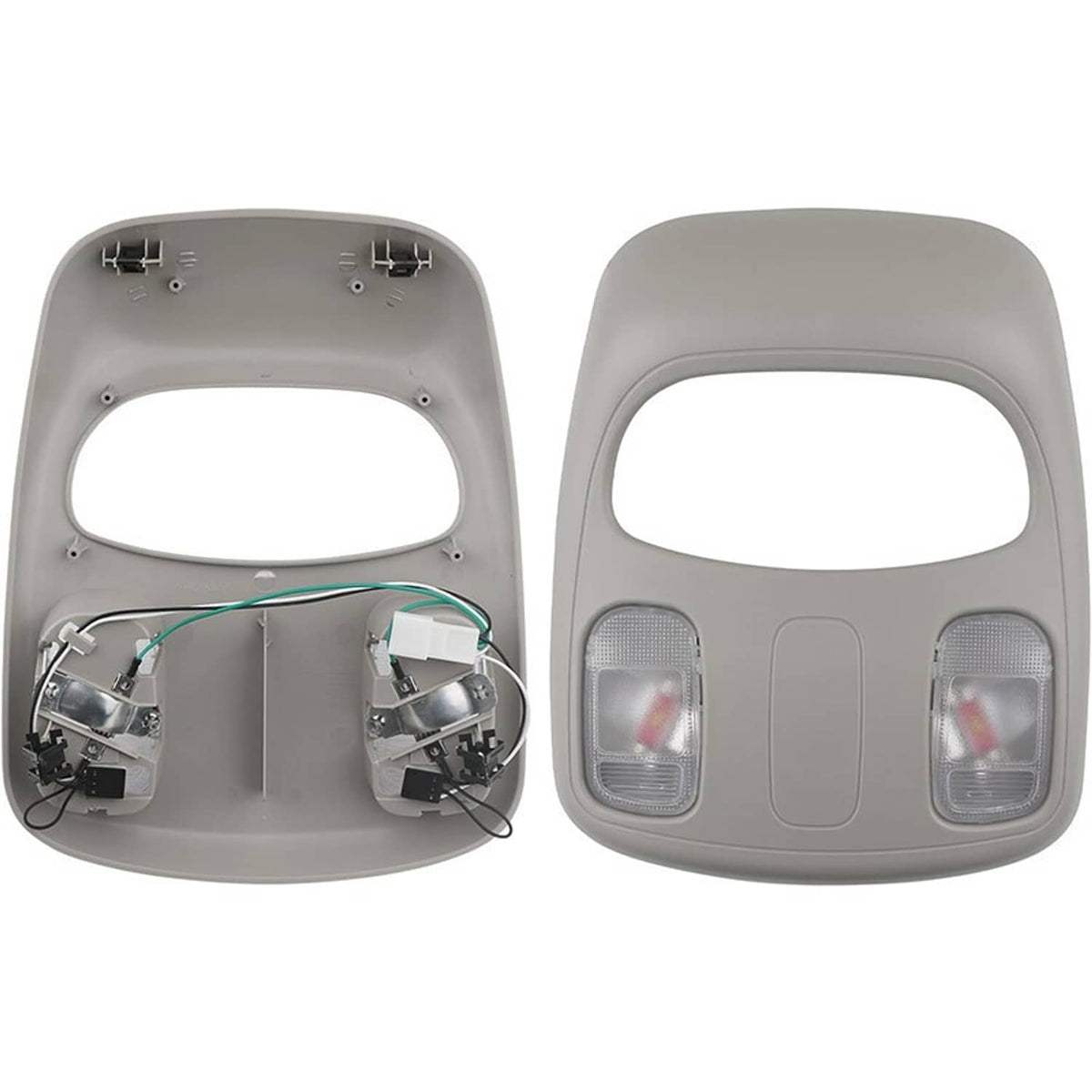 Overhead roof console map light assembly, light gray plastic, two front light housings