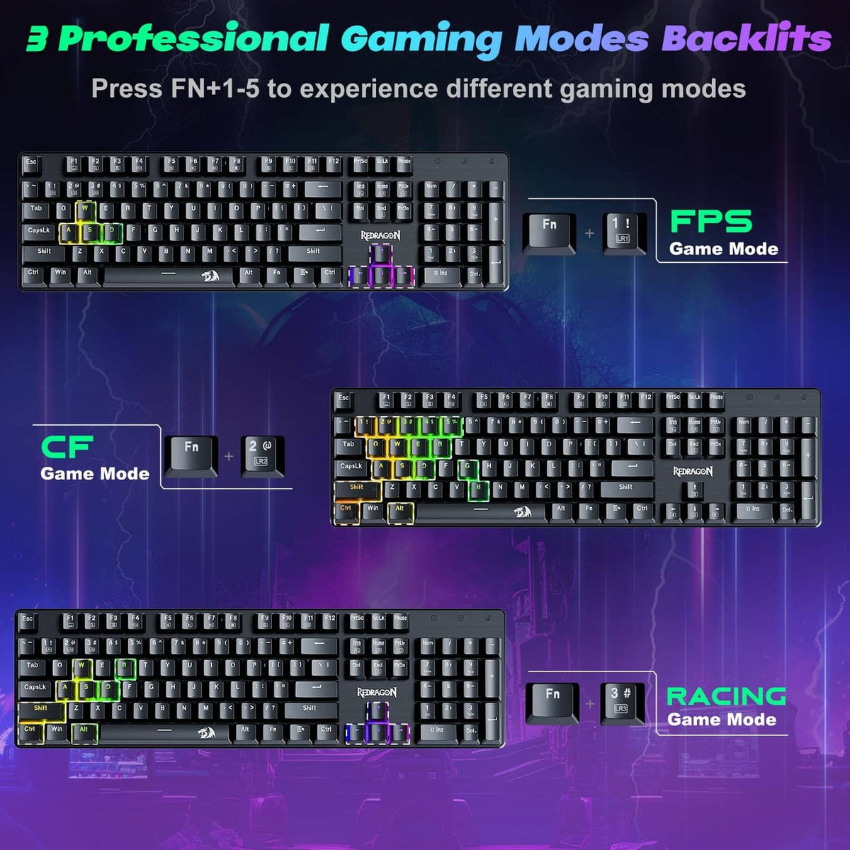 Mechanical gaming keyboards showing different RGB backlight modes in multiple rows.