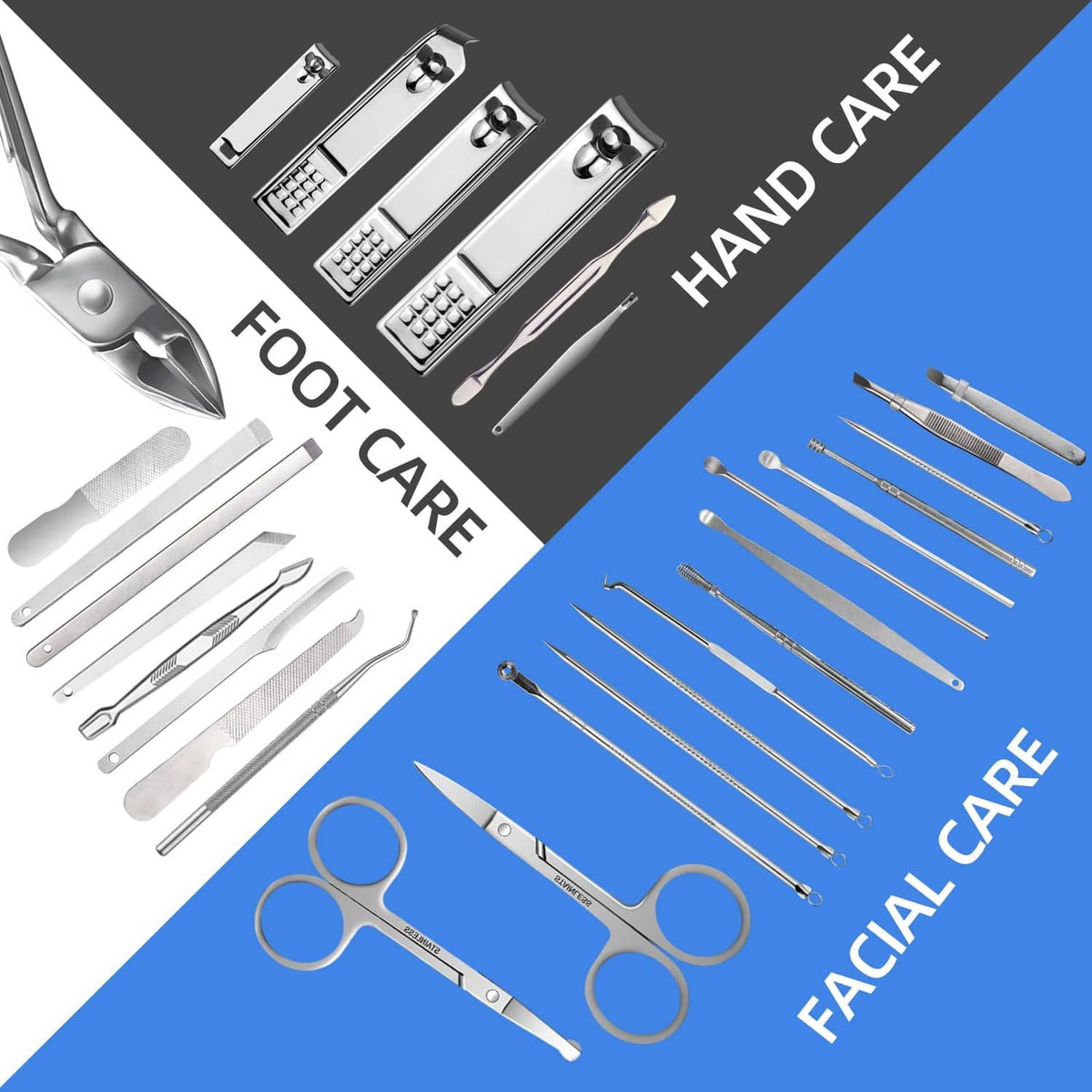 Mixed nail tools, including files and precision instruments, arranged in rows