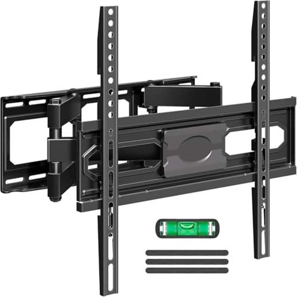 Full-motion TV wall mount bracket front view with locking arms and level indicator