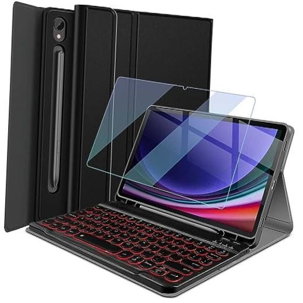 Black foldable backlit keyboard case for a 10.9-inch tablet with transparent screen cover