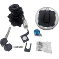 Black ignition switch and gas cap set with keys, blue knob, and mounting parts