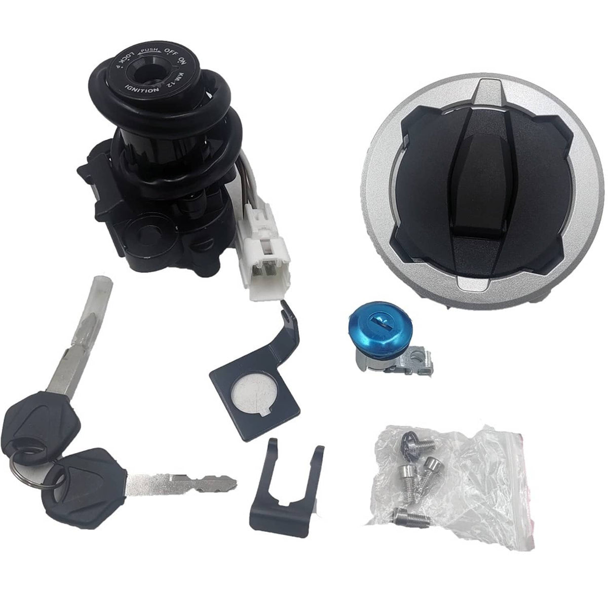 Black ignition switch and gas cap set with keys, blue knob, and mounting parts