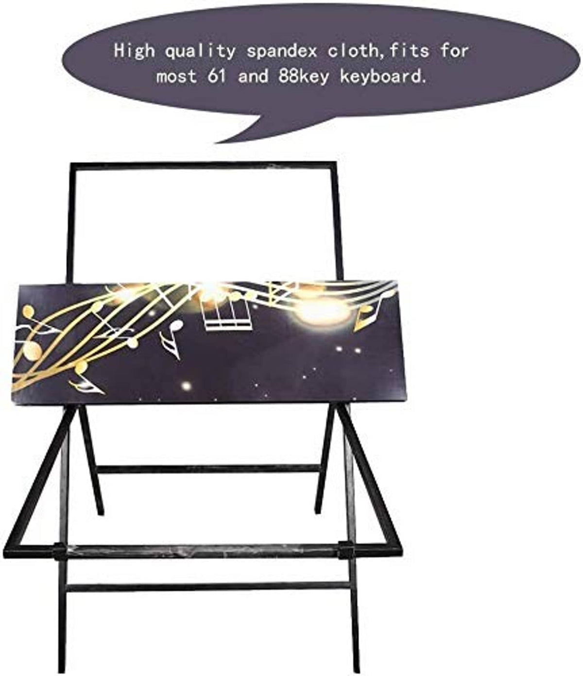 Piano keyboard dust cover on stand, dark fabric with gold musical note graphics