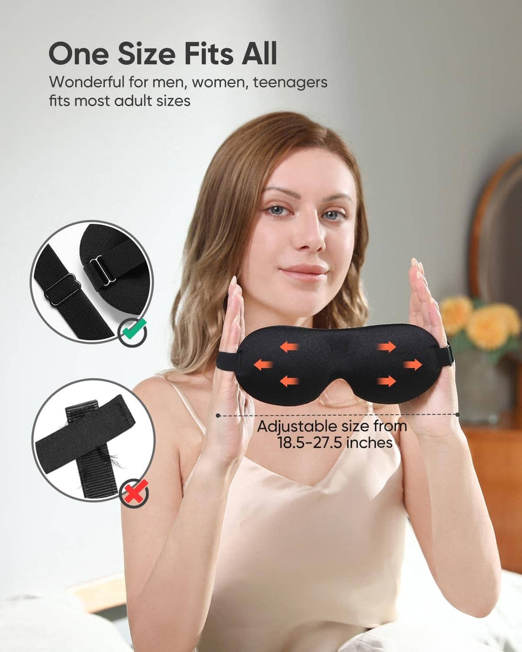 Black adjustable sleep mask with elastic straps and eye-covering padding