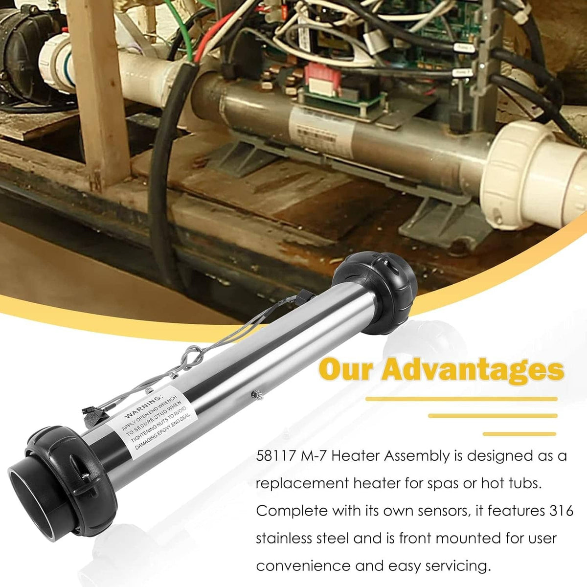 Spa heater assembly with stainless steel heater bar and black end connectors