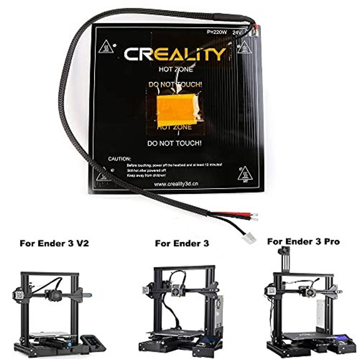 Black heated printer bed replacement with cable and red/black power leads