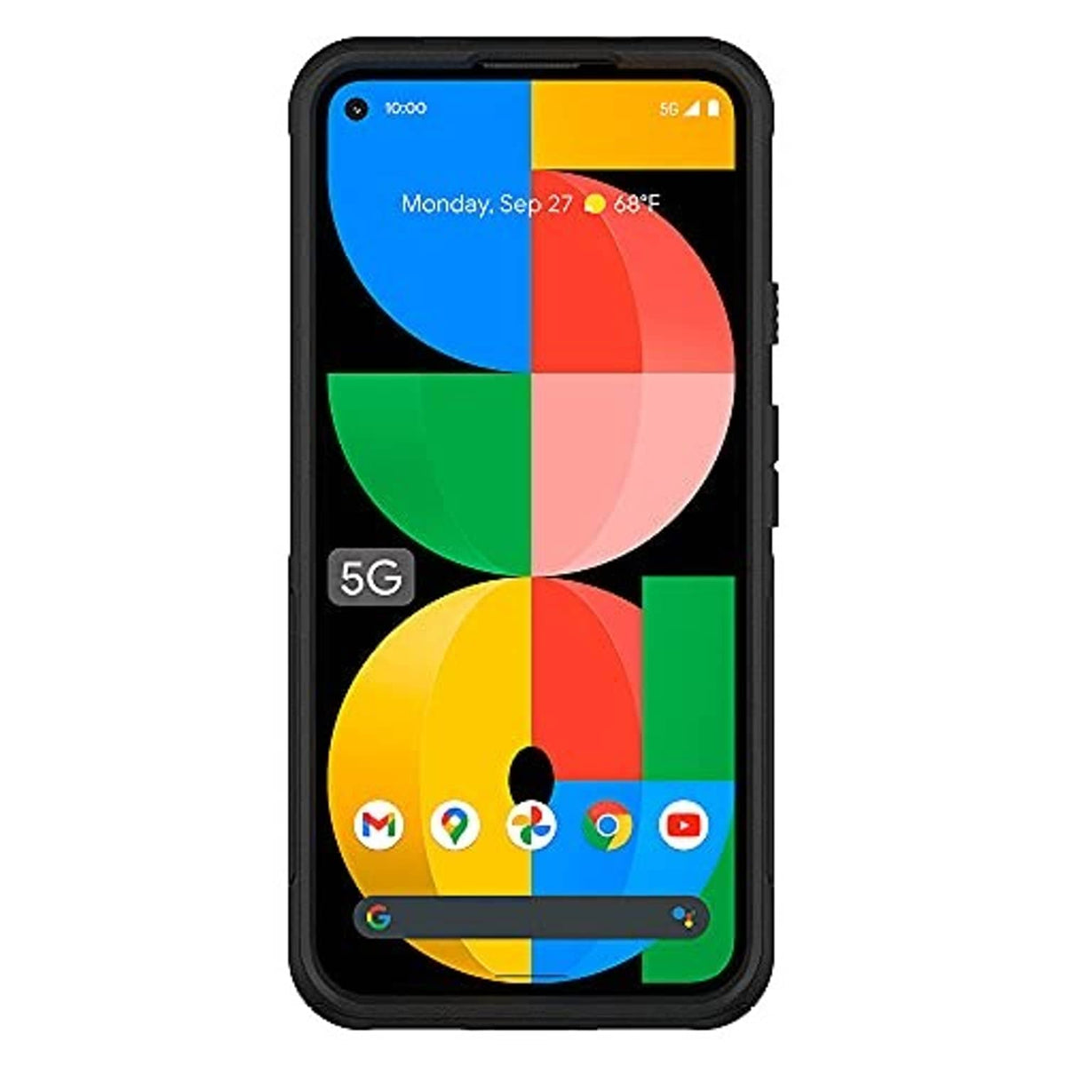 Black OtterBox phone case for Pixel 5a, textured bumper with camera protection openings