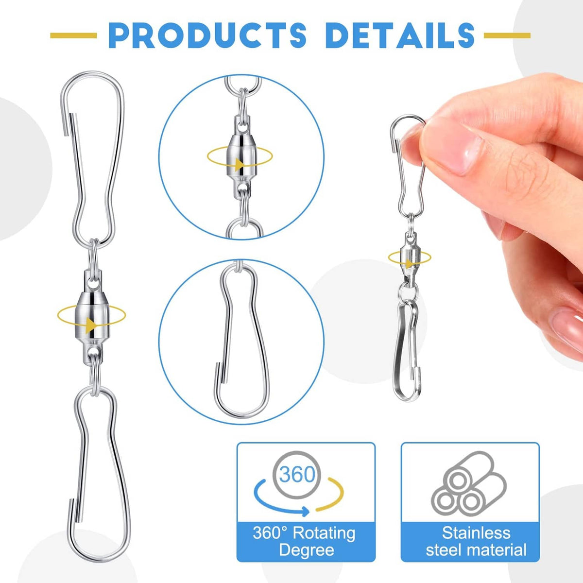 Silver swivel hook clips with rotating chain connection; hand gripping one