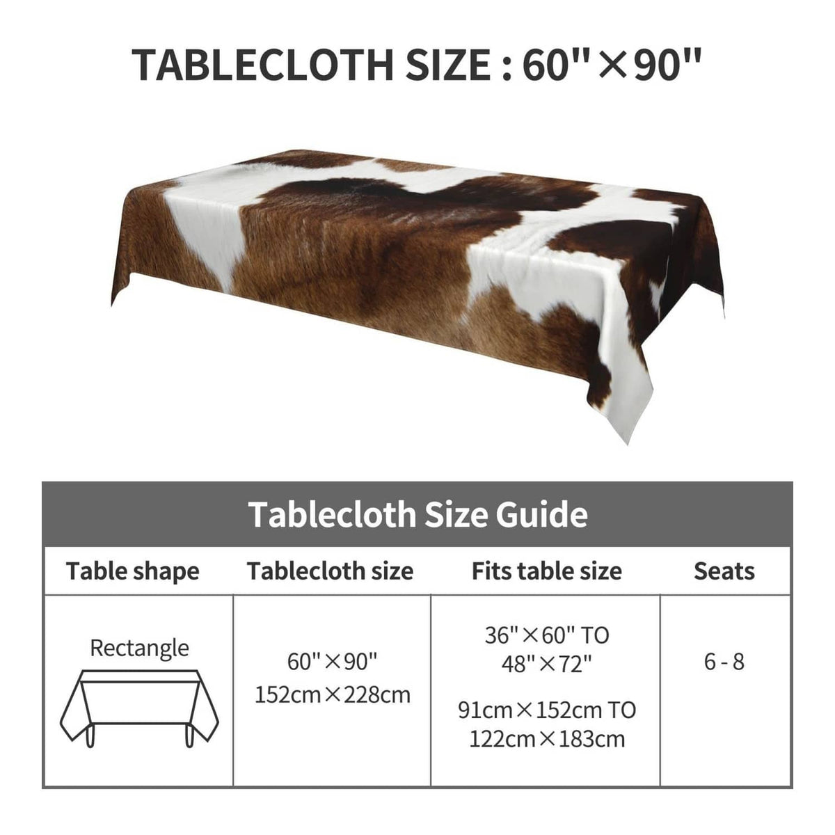 Cow print tablecloth, brown and white patchwork, rectangular shape