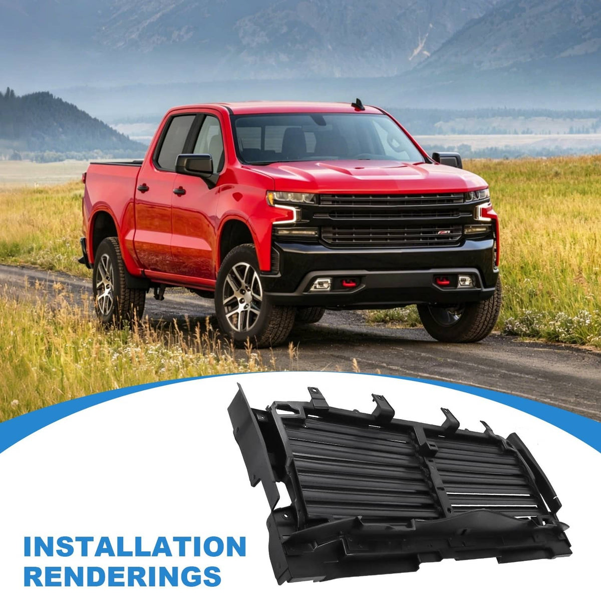 Black active grille shutter with horizontal slats, installation view