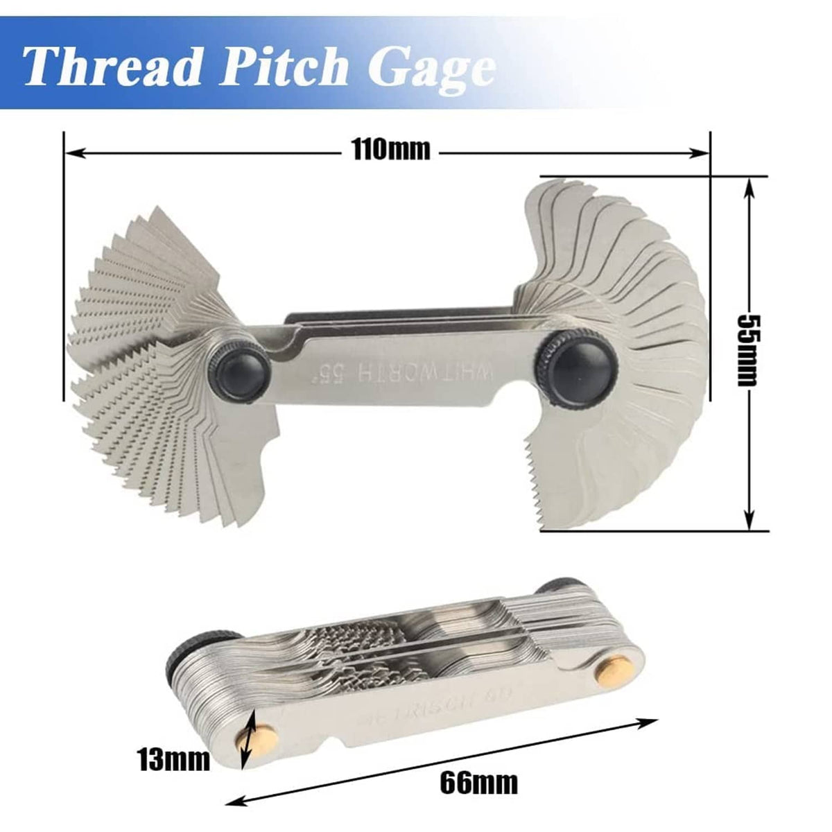 Thread pitch gauge tool with 110 mm width and leaf scale for screw pitch measurement