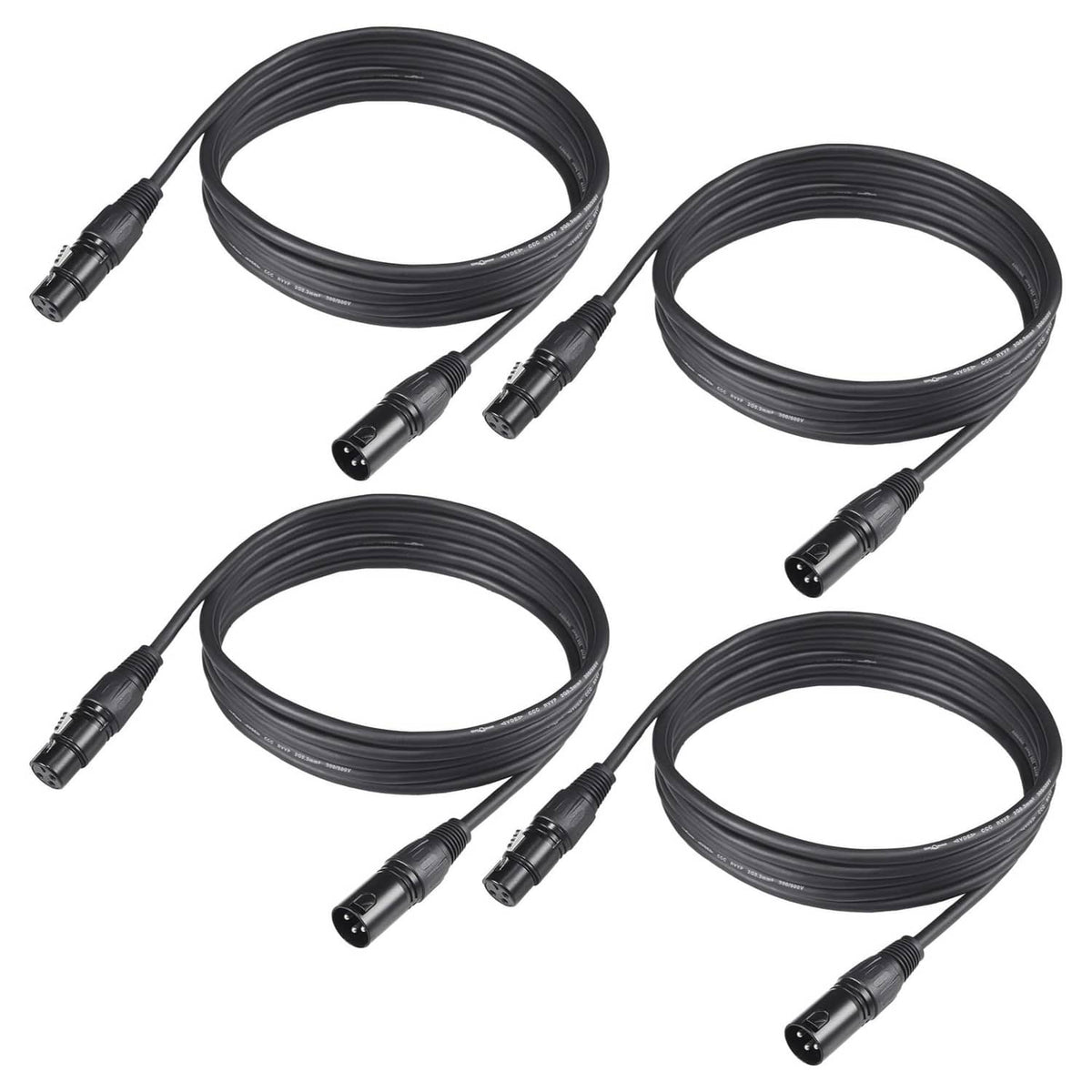 4-pack DMX signal cable set with 3-pin XLR connectors, 3.04 m black cords