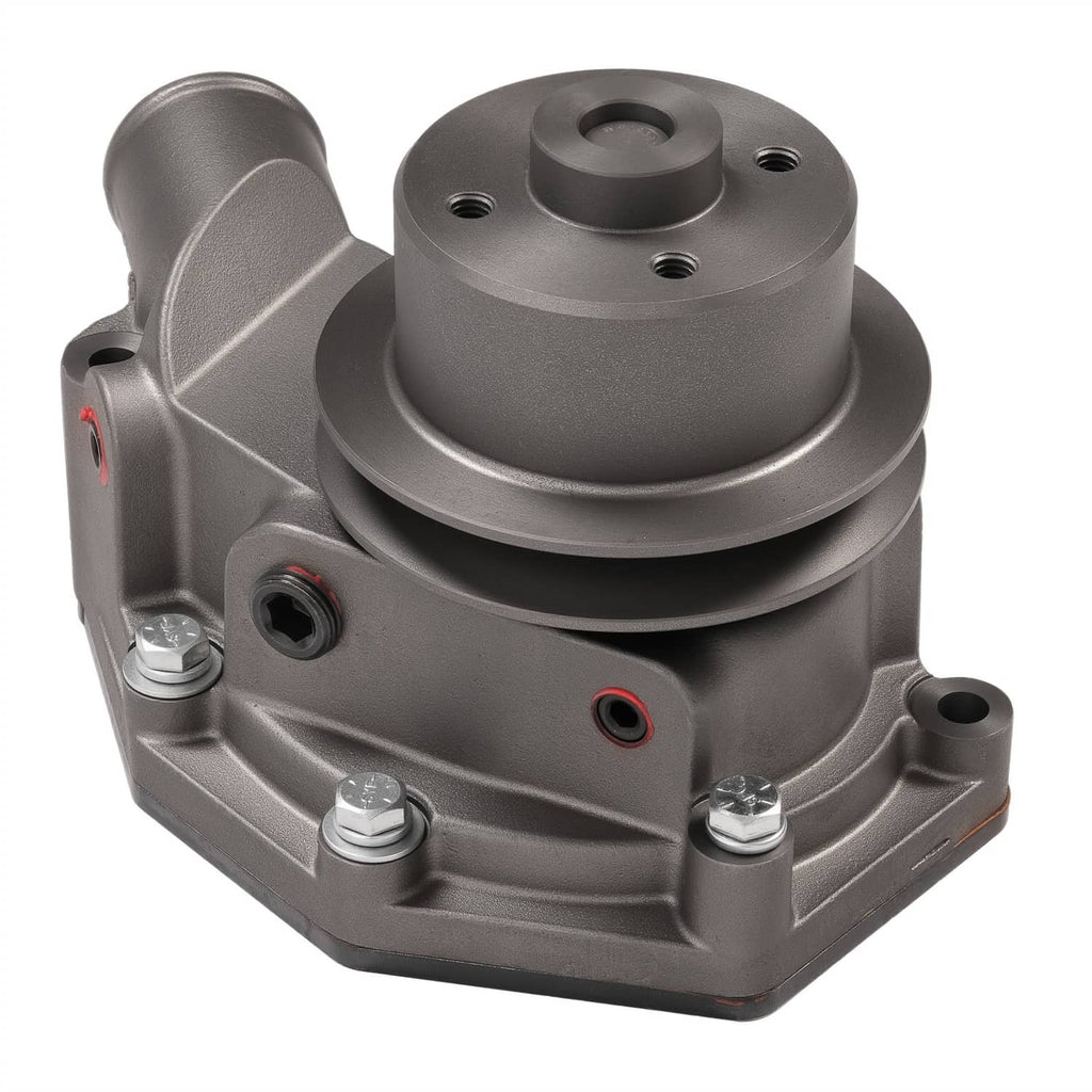 Water pump angled view with inlet tube, gray housing with bolts and red-capped ports