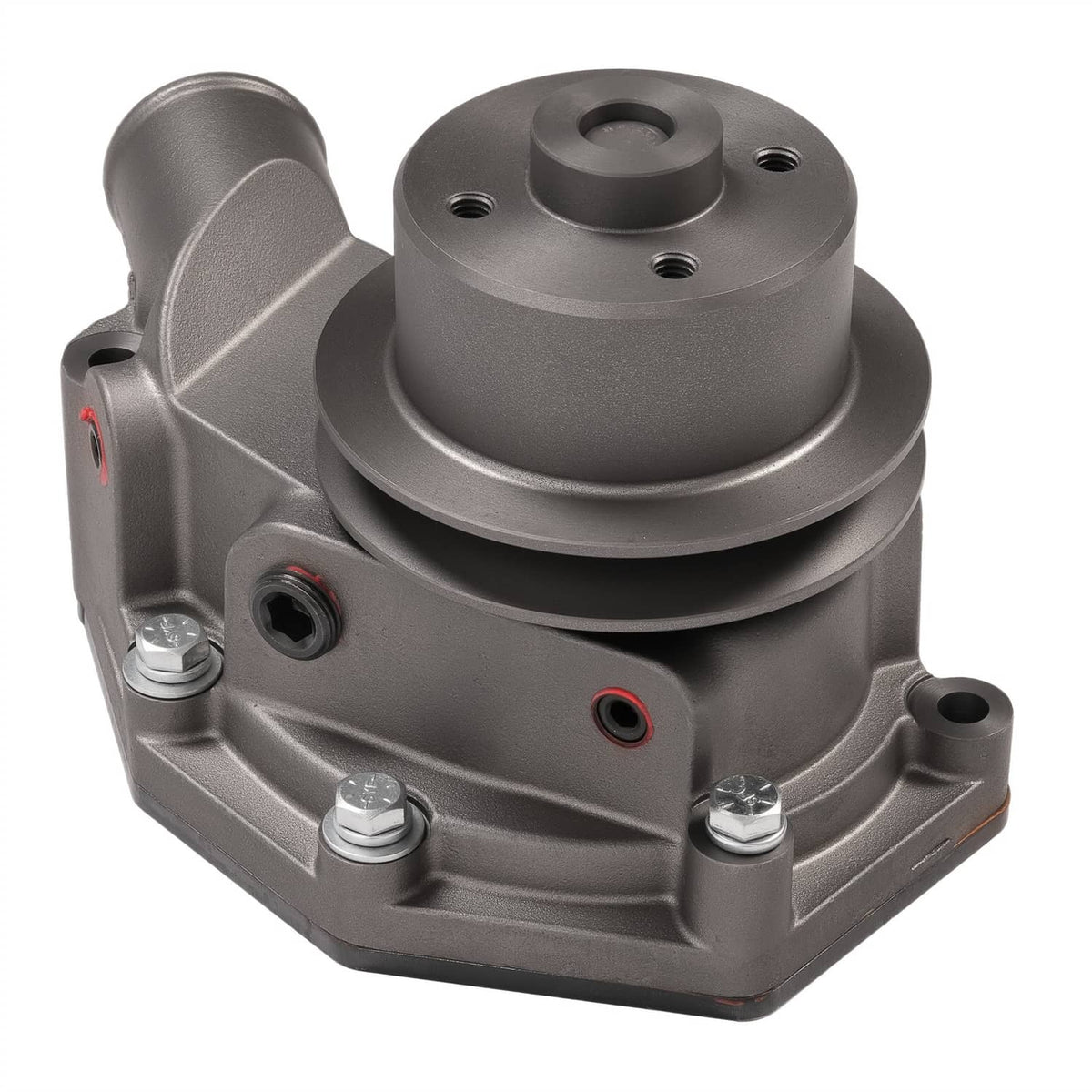 Water pump angled view with inlet tube, gray housing with bolts and red-capped ports
