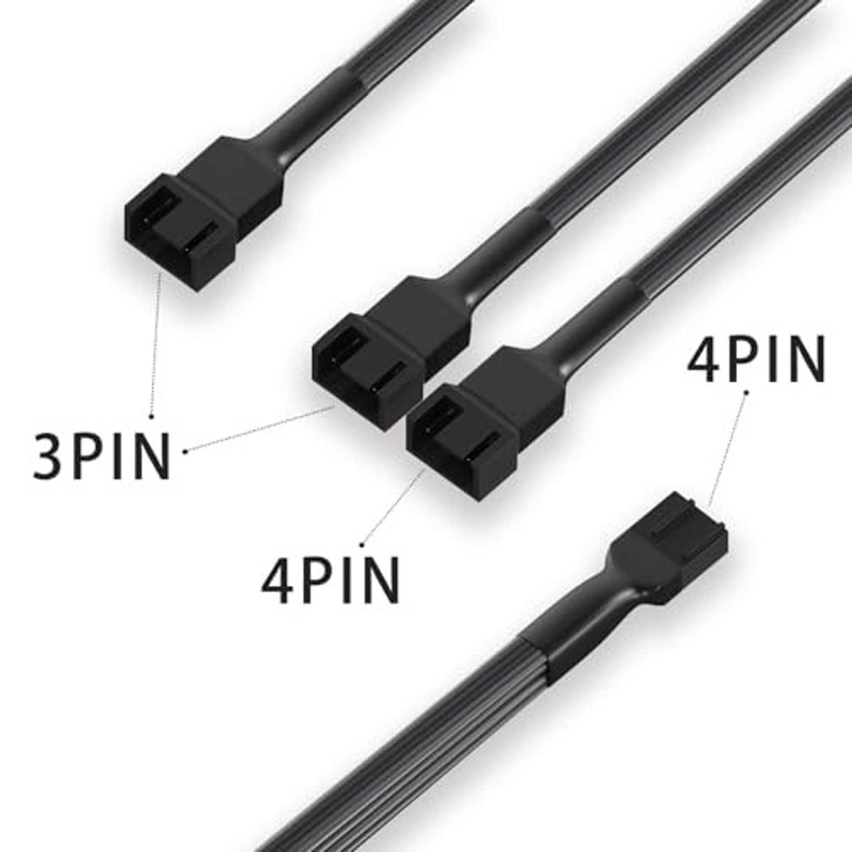 Black PWM splitter cable with 3-pin and 4-pin connector ends